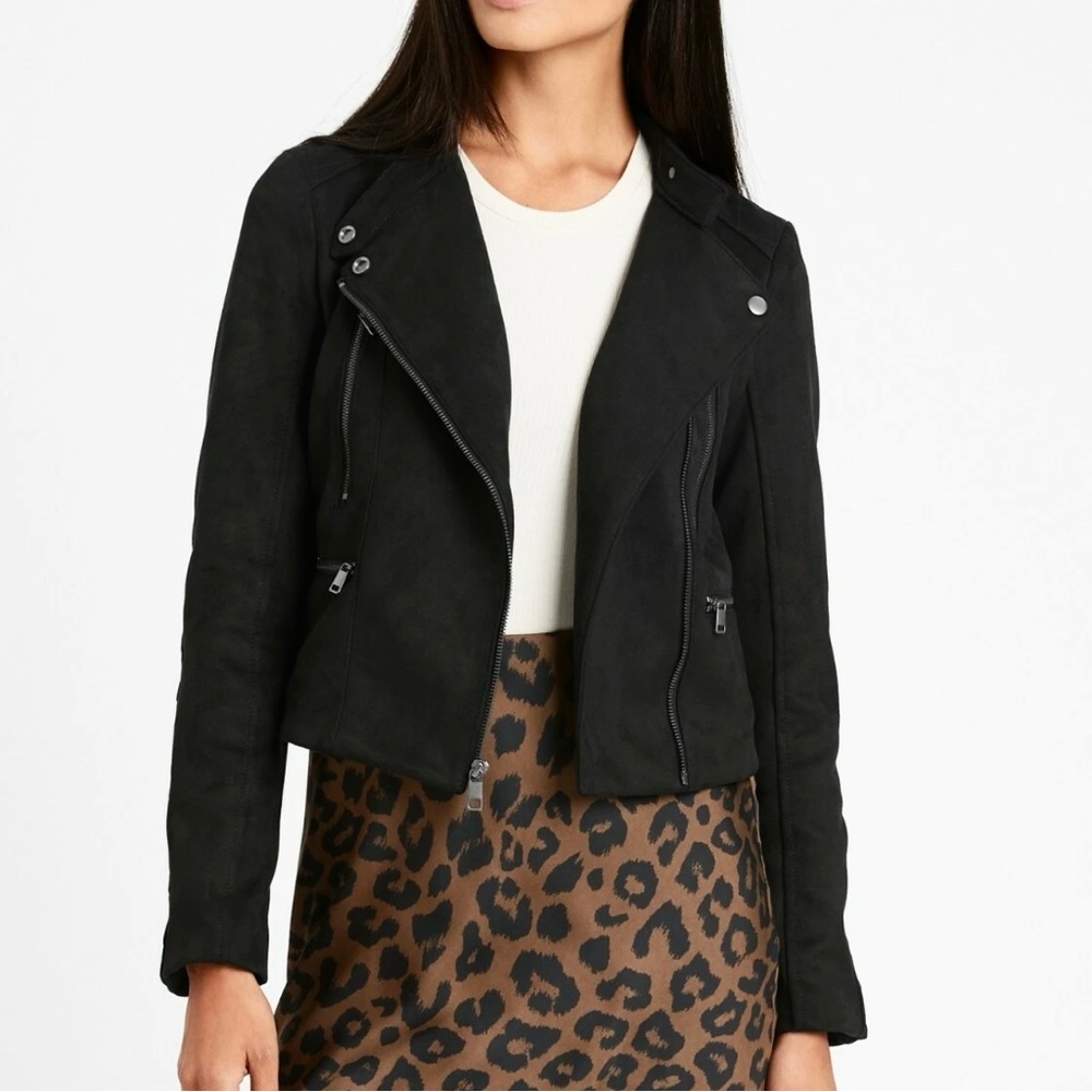 Banana Republic Vegan Suede Black Quilted Cropped Zip Up Moto Biker Jacket, SP